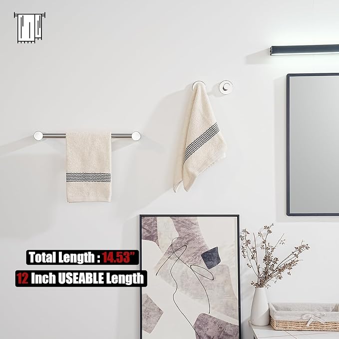 JQK Towel Bar Chrome, 14.5 Inch 304 Stainless Steel Thicken 0.8mm Towel Rack Bathroom Wall Mount, Useable Length 12 Inch, TB610L12-CH