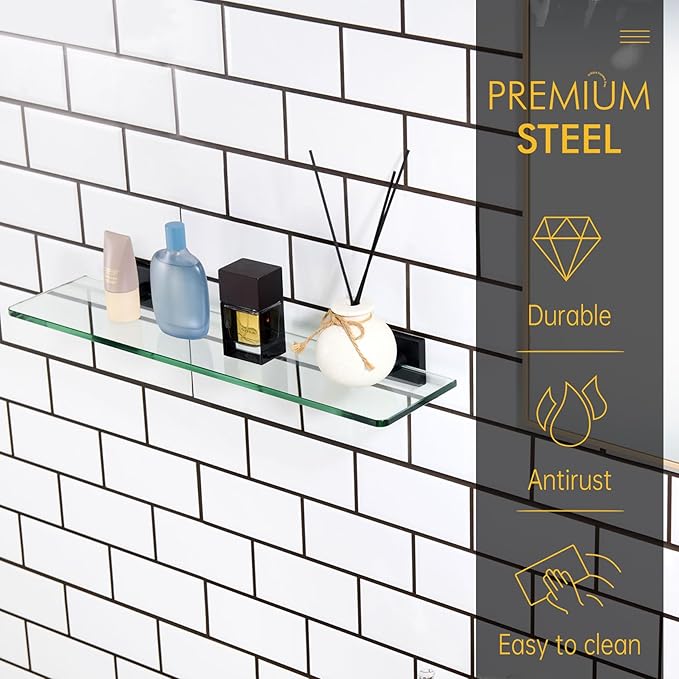 KOKOSIRI Bathroom Shelves Wall Mounted Tempered Glass Floating Shelf 20-Inch Kitchen Hanging Rack Shower Storage, Matte Black Stainless Steel B1107BK-L20
