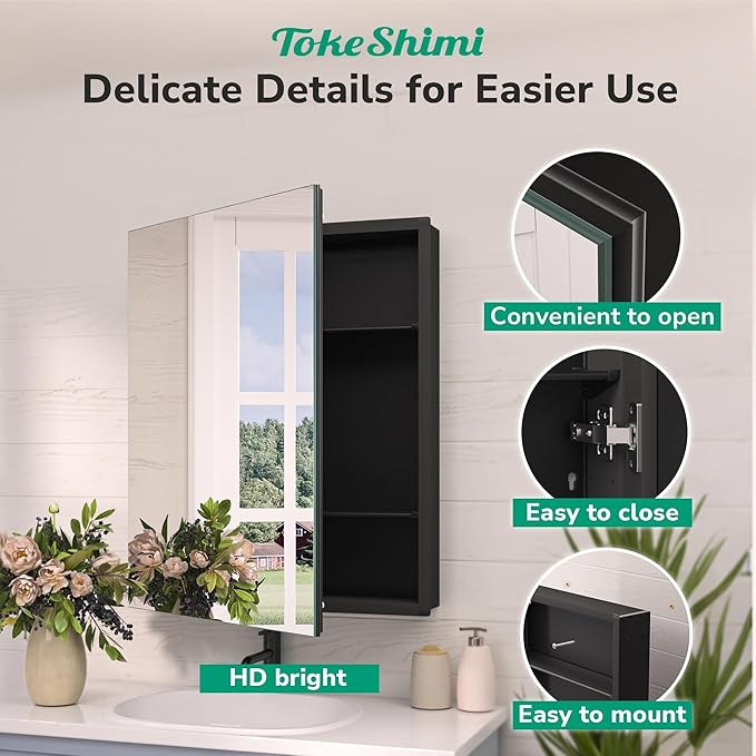 TokeShimi 48x26 Recessed Medicine Cabinet with Mirror Aluminum Black, Tempered Frameless Bathroom Mirror with Storage Adjustable, White Wall Mounted Medicine Cabinet for Bathroom Farmhouse
