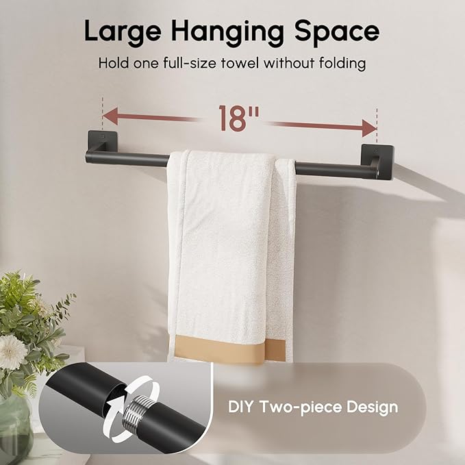 USHOWER Matte Black Towel Bar, 18 Inch Towel Racks for Bathroom Wall Mounted, Heavy Duty Stainless Steel Towel Holder, Easy Installation (Total Length 20 Inch) (Pack of 2)