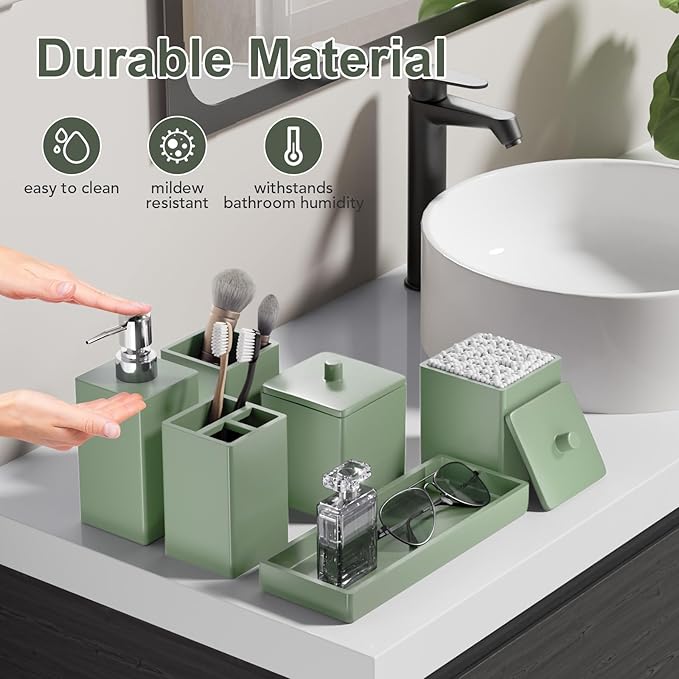 Sage Green Bathroom Accessories Set Resin 6PCS, Square Toothbrush Holders Set Complete with Soap Dispenser, Vanity Tray, Tumbler, Cups and Cotton Swab Jars for Counter, Sink or Small Spaces
