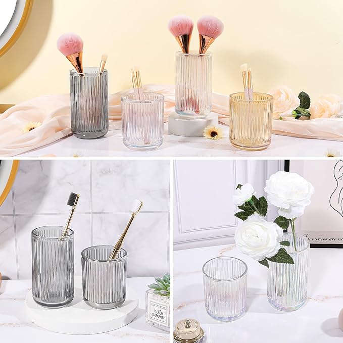 DASITON Makeup Brush Holder Organizer, Crystal Glass Makeup Brushes Storage Holder, Vintage Make Up Brush Cup for Vanity, Pen Pencil Holder for Desk, Toothbrush Holders for Bathroom (Clear L)