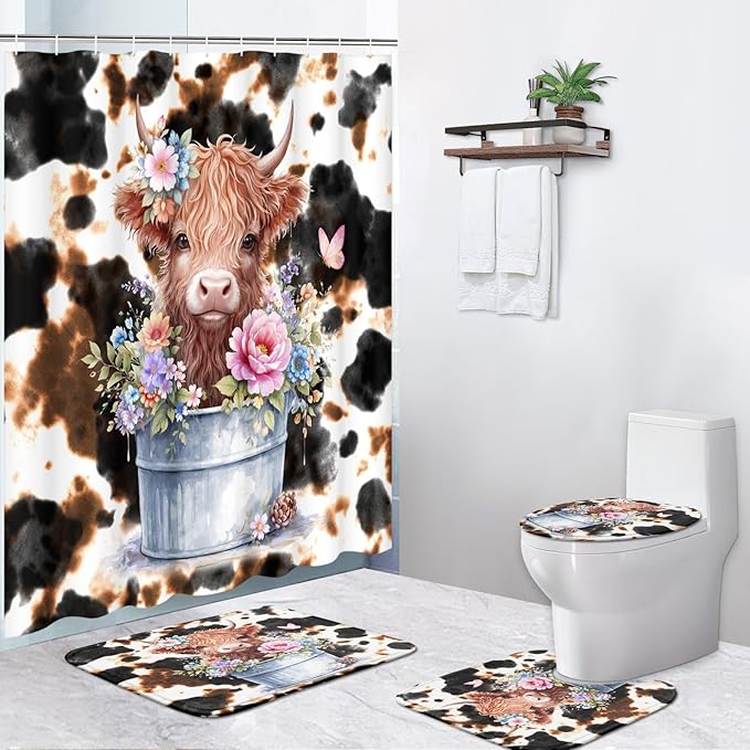 Pamnest 4 Pcs Shower Curtain Sets, Highland Cow Calf Retro Waterproof Bathroom Sets with Non-Slip Rugs, Toilet Lid Cover and Bath Mat, 12 Hooks, Accessories Modern Home Bathroom Decor 72" X 72"