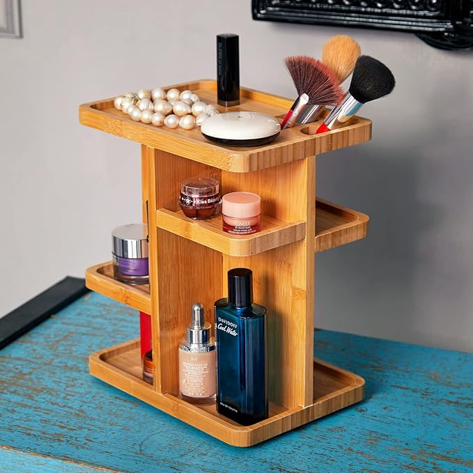 RoyalHouse Bamboo 360 Degree Rotating 12 inches Makeup Organizer, Display Cosmetic Organizer, Multi-Function Storage for Makeup Desk, Bathroom, Bedroom,Toiletries, Gift for ladies and women