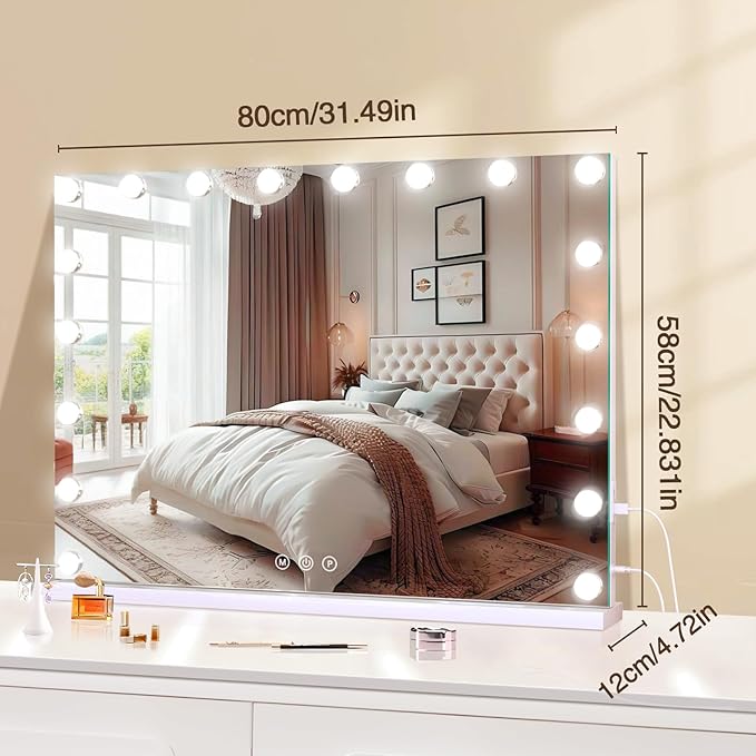halumao Vanity Mirror with Lights, Large Makeup Mirror with LED Lights, Smart Touch Dimmable 3-Color Light, Memory Function, USB Charging Port