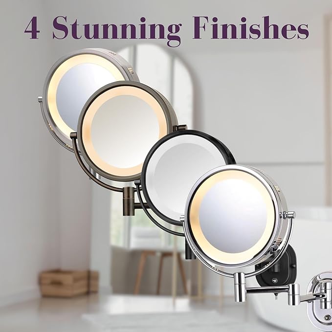 JERDON Wall-Mounted Makeup Mirror with 5X Magnification - Chrome Makeup Mirror with LED Lights - Plug in - HL65C