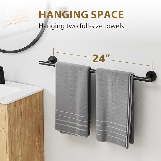 Luxbaro 2 Pack Matte Black Towel Bar 24 Inch, Thicken Towel Rack for Bathroom Wall, SUS304 Stainless Steel Towel Rod, Modern Home Decor (Total Length 26-Inch)