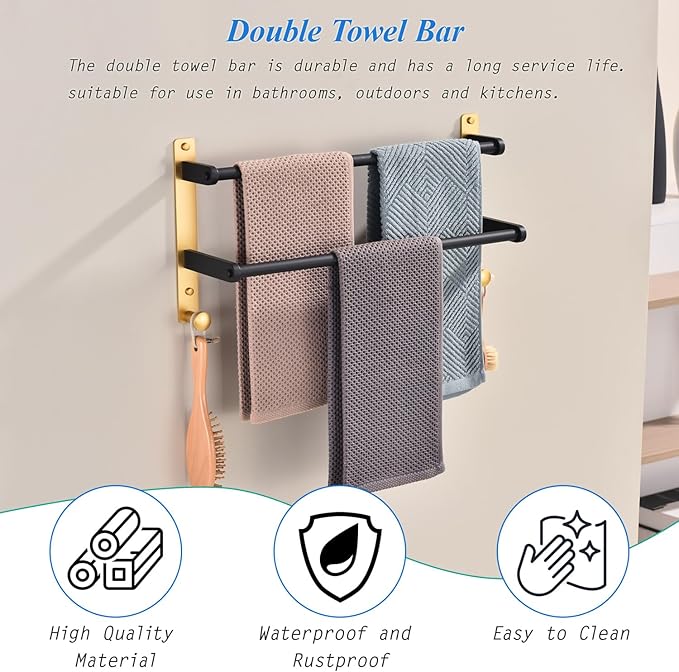 18 Inch Stainless Steel Towel Rack with Hooks - 2-Tiers Ladder Towel Hanger, Double Bar Wall Mounted for Bathroom, Black & Gold
