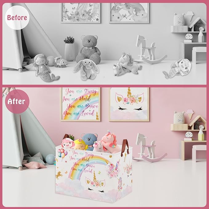 Unicorn Gift Bag Pink Kids Laundry Basket Rainbow Cloud Unicorn Nursery Decor Laundry Hamper ,Room Decor for Girls Bedroom, Rectangular Storage Box Cute Shelf Basket Clothes Book Toy Box Bin