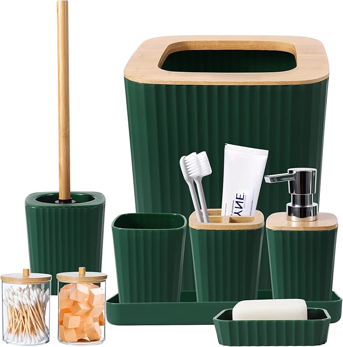 XLHOMO Dark Green Bathroom Accessories Set, 9-Piece Green Bathroom Set with Trash Can, Tray, Soap Dispenser, Toothbrush Holder, Toothbrush Cup, Soap Dish, Toilet Brush and Q-tip Holders
