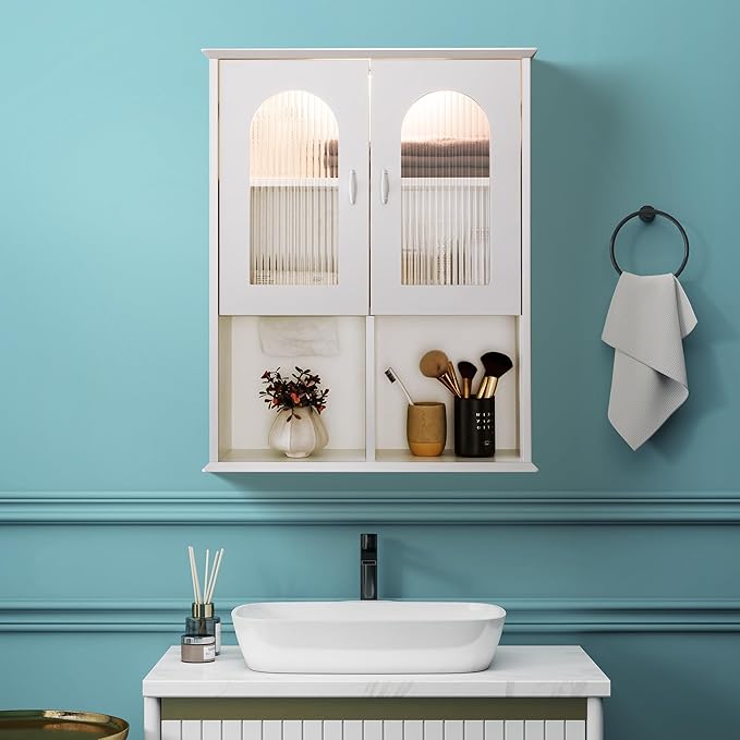 VANIRROR Bathroom Wall Cabinet with Lighting & Tissue Hole, Wall Mounted Glass Door Medicine Cabinet Over Toilet Storage for Laundry Room Kitchen