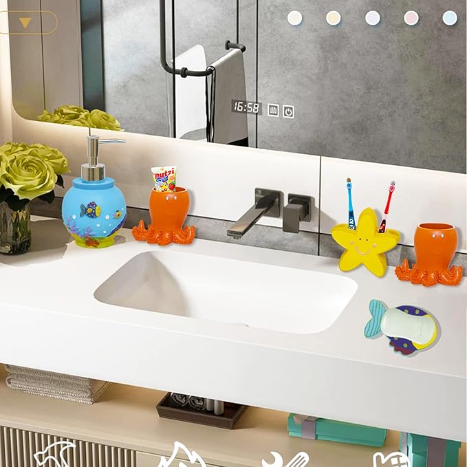 Decorative Bathroom Accessories Set, Vanity Organizers Including 2 Octopus Tumblers, 1 Clownfish Soap Dish, 1 Starfish Toothrush Holder and 1 Ocean Soap Dispenser