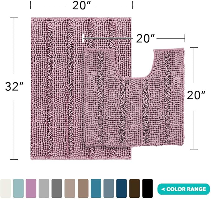 Turquoize Chenille Bathroom Rugs Non-Slip Bath Mats for Bathroom Super Absorbent Shaggy Rugs for Tub Shower Toilet Plush Bath Rug Plus U Shaped Rug (Standard: 20" x 32" and 20" x 20" U), Mauve/Rose