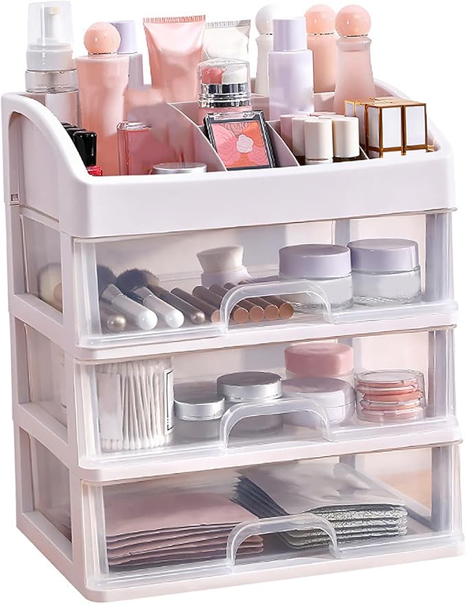 GOTOTOP 3 Tier Drawer Makeup Storage Box, Clear Plastic Cosmetic Organizer, Stationery Storage with Jewelry Drawer, Drawers