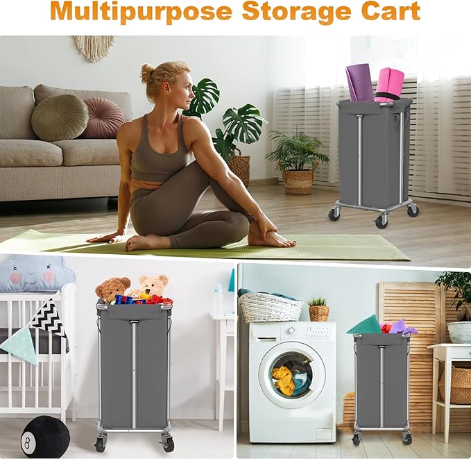 Hodonas 115L Laundry Basket with Wheels, 30 Gal. Rolling Laundry Hamper, Removable and Machine Washable Liner, Steel Frame, Tall Laundry Cart for Laundry Room, Bedroom, Bathroom, Dorm Storage -Gray