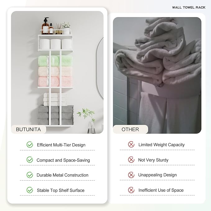 White Towel Rack for Bathroom, Metal Towel Holder for Bathroom Storage Rack with Shelf, 3-Tier Wall-Mounted Towel Organizer - Holds Rolled Towels