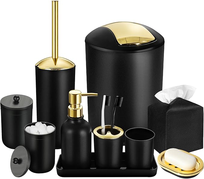 Black and Gold Bathroom Decor, 10Pcs Black Bathroom Accessories Set, Soap Dispenser and Toothbrush Holder, Soap Dish, Cotton Ball & Qtip Holder, Toilet Brush Holder, Tissue Box Cover