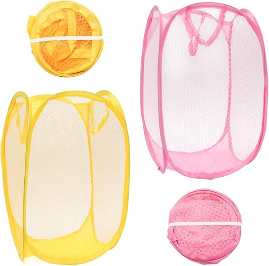 2Pcs Popup Mesh Laundry Baskets, Collapsible and Portable Laundry Hamper, Ideal for Travel and Home Use (Pink & Yellow)