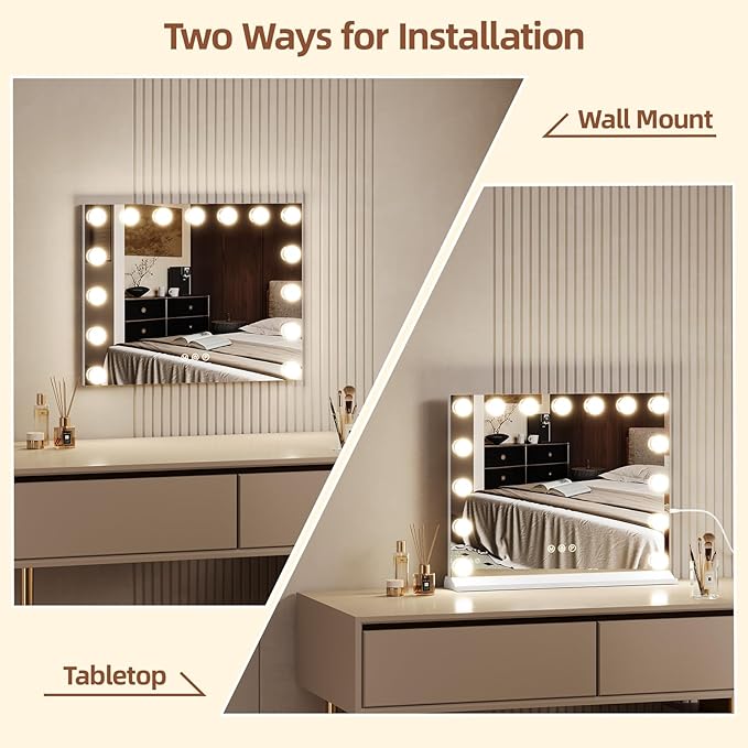 Memobarco Vanity Mirror with Lights, Makeup Mirror with USB/Type-C Charging, Large Hollywood Mirrors w/ 15 LED Bulbs & 5X Magnifier, LED Mirrors for Bedroom Tabletop & Wall Mounted