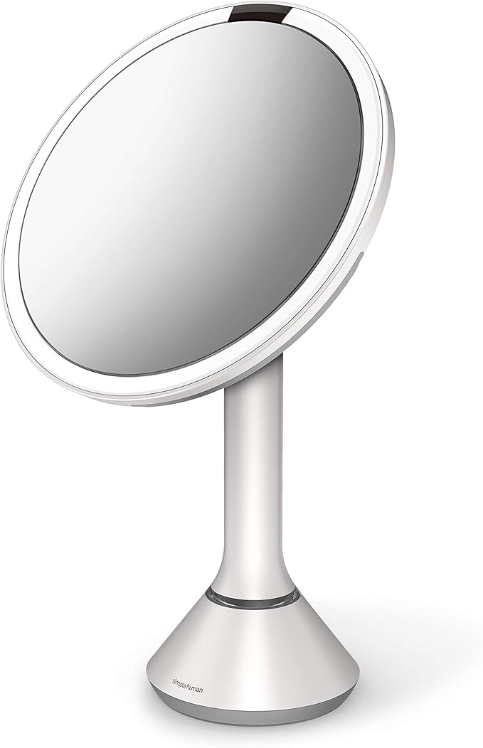 simplehuman 8" Round Sensor Makeup Mirror with Touch-Control Brightness, 5X Magnification, Rechargeable and Cordless, White Stainless Steel