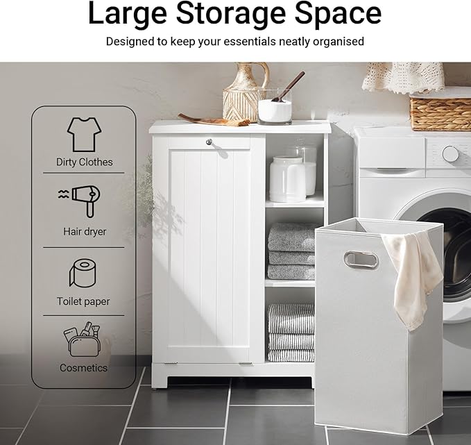SoBuy Tilt Out Laundry Cabinet, Floor Standing Storage Cupboard with Basket Hamper Unit with Open Compartments, Bathroom White BZR105-W