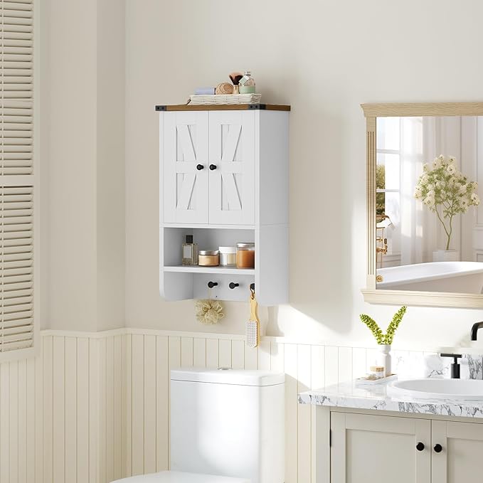 MAHANCRIS Bathroom Wall Cabinet, Farmhouse Medicine Cabinet with Adjustable Shelf, 3-Tier Wall-Mounted Storage Cabinet with 3 Hooks and Open Shelf, for Bathroom, Living Room, Kitchen, White and Walnut
