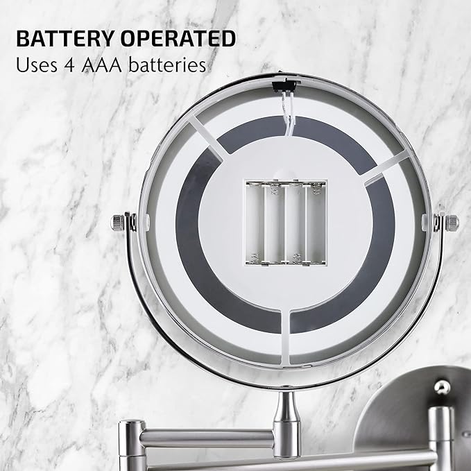 OVENTE Wall Mounted Lighted Makeup Mirror, 7" Double Sided 1X/7X Magnifying Vanity Mirror for Bathroom with LED Lights, Cordless, 360° Rotation and 13" Extendable Arm, Nickel Brushed MFW70BR1X7X