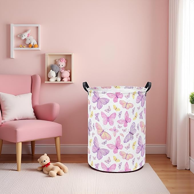 Baby Laundry Hamper kids laundry Basket Waterproof Storage Bin for Bedroom Toy Clothes Organizer Basket Woodland Animals Room D??cor(Pink Butterfly)