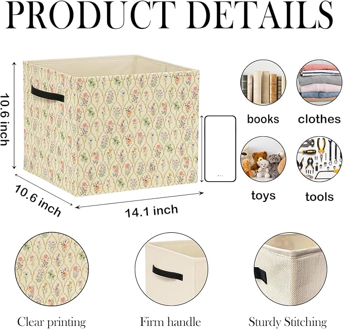 Boho Floral Storage Bin Box with Handles, Vintage Cottagecore Botanical Flower Foldable Baskets Organizer for Bedroom Bathroom Home Clothes Toys Books, Toybox for Girls Room