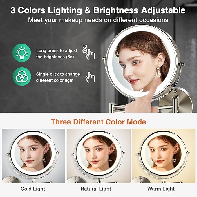 GREENFROM Rechargeable Wall Mounted Makeup Mirror Brushed Nickel, 8.5'' Magnifying Mirror with Lights Double-Sided 1X/10X 360° Rotation Extension Bathroom Shaving Mirror with Foldable Arm