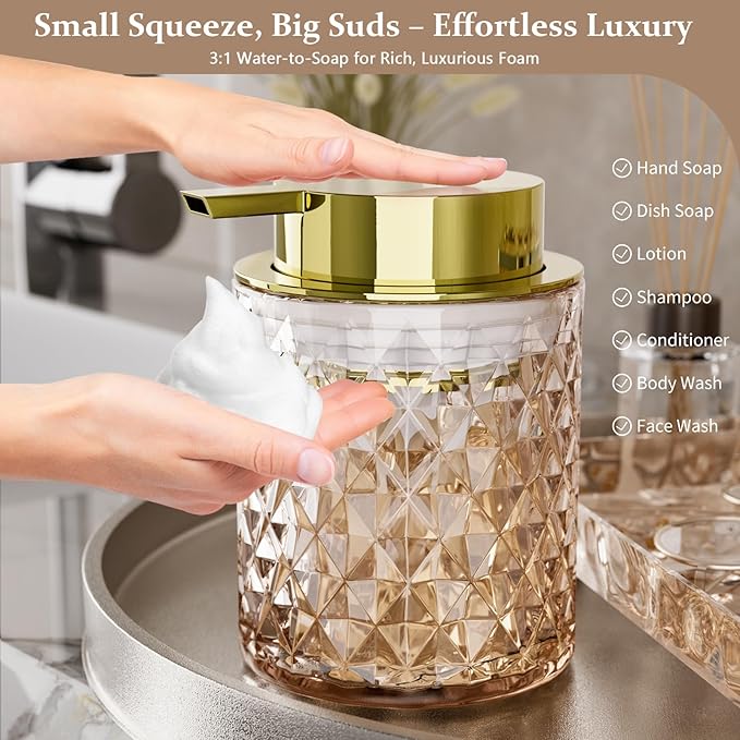 Glass Bathroom Accessories Set 5Pcs Crystal - Brown Foaming Soap Dispenser, Soap Dish, Cup, Acrylic Toothbrush Holder with Tray Organizer, Cotton Swab Jar, Bathroom Counter Set Sink Decor