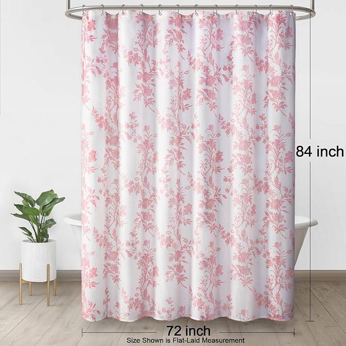 Pink Floral Shower Curtain,Vintage Cotton Cottagecore Shower Curtains for Bathroom, 72" W x 84" L