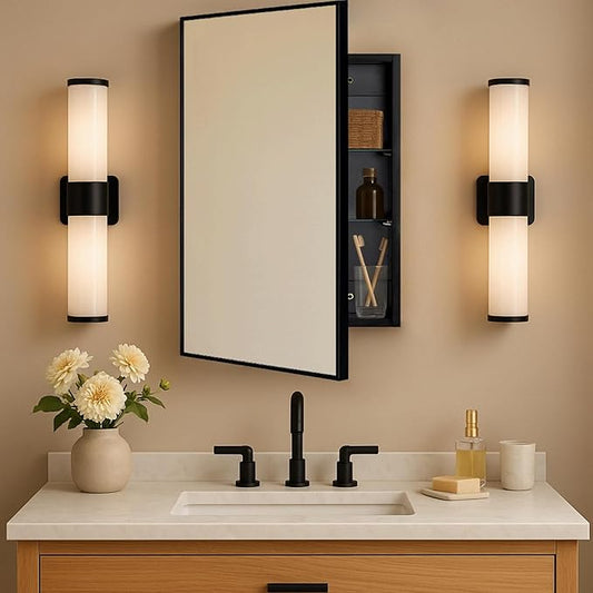 TEHOME 17.5'' x 29'' Black Recessed and Surface Mount Bathroom Medicine Cabinet with Mirror Matt Black Square Cornered Metal Framed Rounded Rectangle Medicine Cabinet Mirror