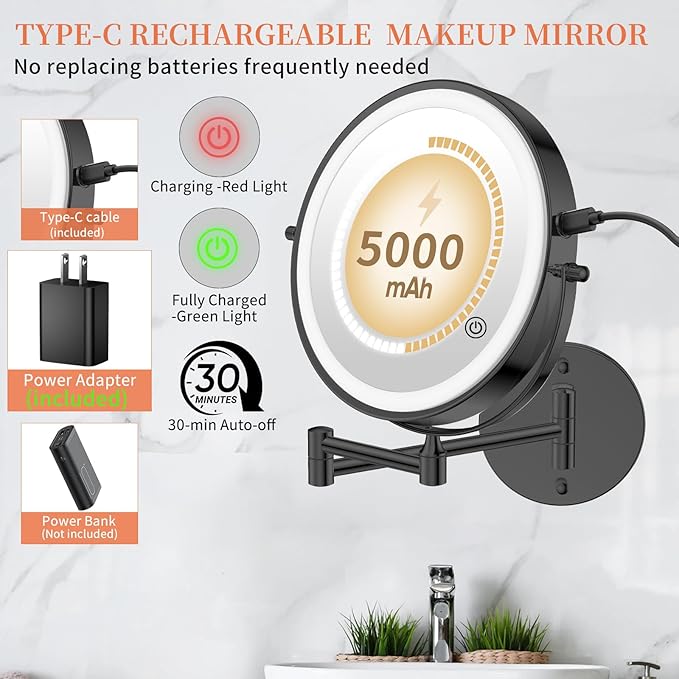 FUNTOUCH 5000mAh Rechargeable Wall Mounted Makeup Mirror with Lights, 8.7" Double Sided 1X/30X Magnifying Mirror with Dimmable 3 Color Light, Extended Swing Arm 360° Wall Mount Bathroom Mirror, Black