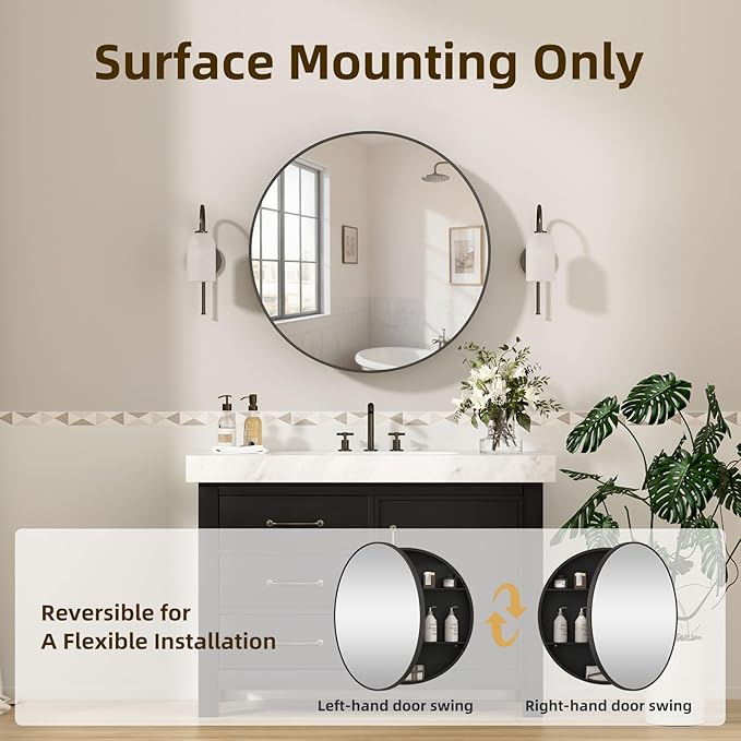 30 x 30 Inch Round Black Mirror Medicine Cabinet Surface Mounted, Circular Modern Bathroom Medicine Cabinet with Mirror, Metal Framed Medicine Cabinets with Tempered Glass Mirror