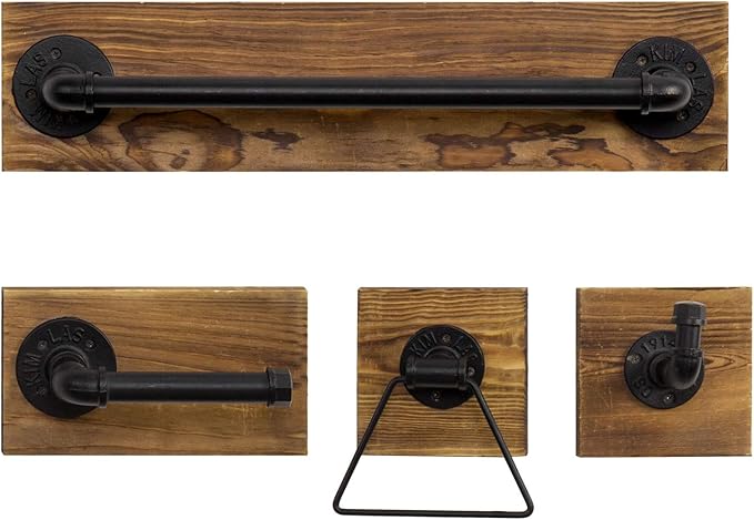 MyGift 4-Piece Bathroom Hardware Set Toilet Paper Holder with Burnt Wood and Industrial Matte Black Metal Pipe Includes, Towel Ring, Towel Bar and and Robe Hook