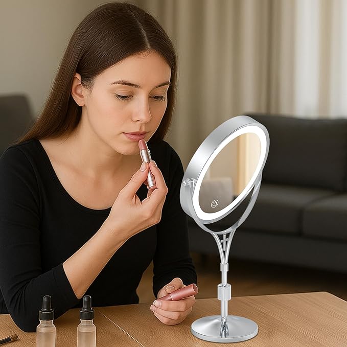 1x/10x Magnifying Mirror with 3 Color Lights and Cross Dangle Charm, 7" Lighted Makeup Mirror with Magnification, Height Adjustable Vanity Mirror, Birthday Christian Gifts for Women, Chrome