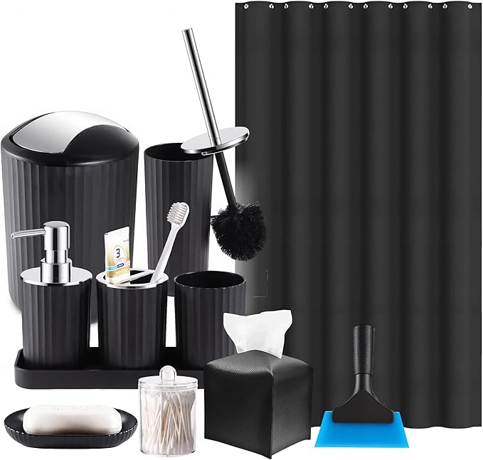 Bathroom Accessories Set, 11PCS Black Bathroom Accessory Set with Shower Curtain, Trash Can, Soap Dispenser, Soap Dish, Toilet Brush, Toothbrush Holder and Cup, Q-tip Holders, Tissue Box, Squeegee