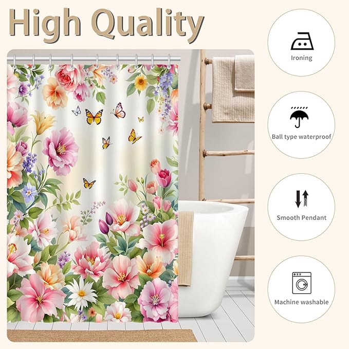 Floral Shower Curtain，Colorful Flower Butterfly Spring Summer Bathroom Decor, Waterproof Cloth Fabric Shower Curtains with 12 Hooks，72" W x 72" L