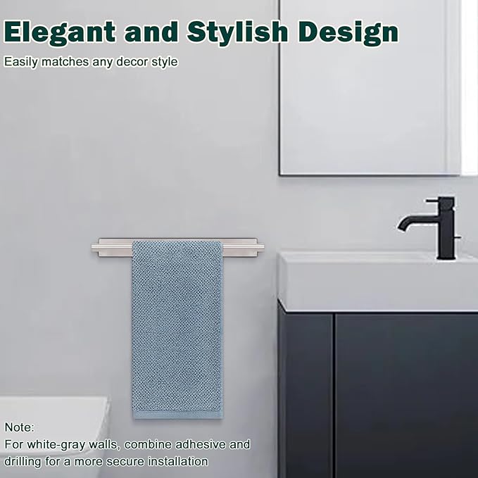 Self Adhesive Towel Bar, 16 Inch Round Towel Racks for Bathroom Wall Mounted SUS304 Stainless Steel Towel Hanger for Kitchen, No Drill or Screw-Mounted Towel Holder (Brushed Nickel)