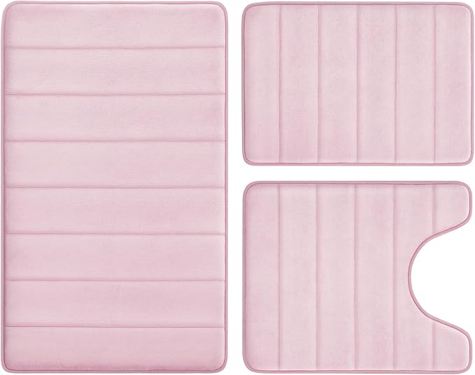 BYSURE Pink Memory Foam Bathroom Rug Set 3 Piece, Non Slip Extra Soft Absorbent Machine Washable Toilet Bath Toilet Mat (17"x24"+20"x32"+U Shape 20"x24")