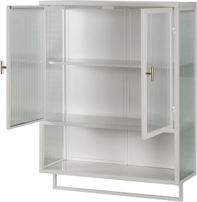 23.62"Glass Doors Modern Two-door Wall Cabinet with Two-tier Enclosed Storage, an Open Shelf, and Towel Rack, for Entryway Living Room Bathroom Dining Room Bathroom Cabinet Kitchen (White4)