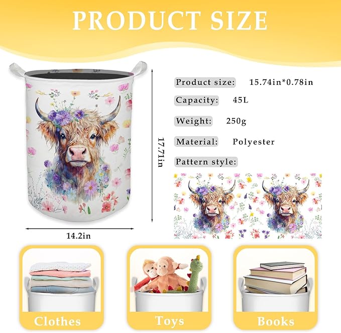 Floral Highland Cow Laundry Basket, Toybox for Girls Room, Gifts for Cow Lovers Women Laundry Hamper Waterproof Collapsible Storage Bin Organizer for Bedroom Bathroom Girls Room Dorm