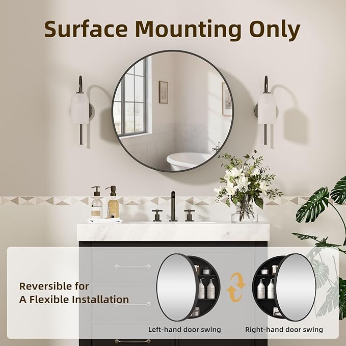 24 x 24 Inch Round Medicine Cabinet Mirror Black,Circular Bathroom Mirror with Storage Wall Mounted,Metal Framed Medicine Cabinets with Tempered Glass Adjustable Shelves for Bathroom Vanity