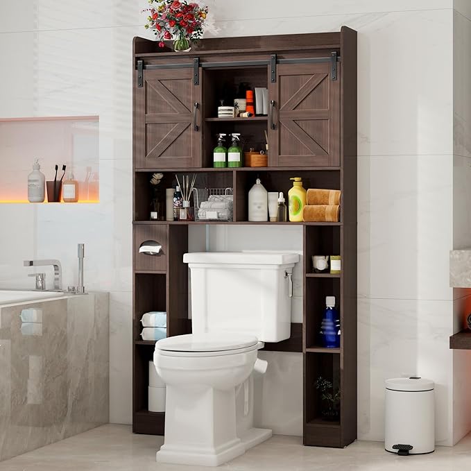 Vabches Farmhouse Storage Cabinet Over Toilet with Sliding Doors, Home Space-Saving Toilet Rack, Over The Toilet Storage Cabinet, Open Storage Shelf, for Bathroom, Laundry, Restroom.Espresso