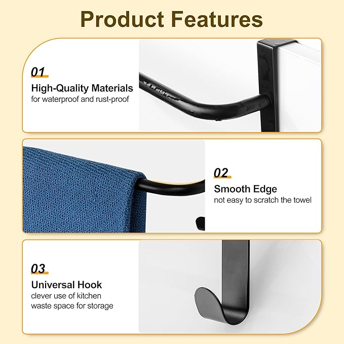 SAYAYO Over Cabinet Towel Bar Black, 10 Inch Kitchen Towel Holder with 2 Hooks, Over The Cupboard Door Dish Towel Rack, 2 Pcs (11.5 Inch Total Length)