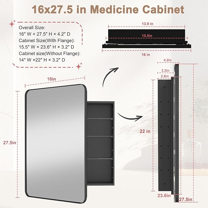 16x27.5 Medicine Cabinet with Mirror, Fully Assembled Recessed or Wall-Mounted Bathroom Mirrored Cabinet with Adjustable Storage Shelves for Vanity, Metal, Black
