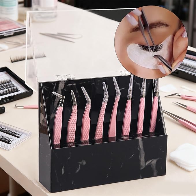 8 Holes Dust proof Tweezer Storage Rack,Acrylic Tweezer Display Stand Holder Eyelash Extension Supplies Lash Accessories Tools (Marble Black)