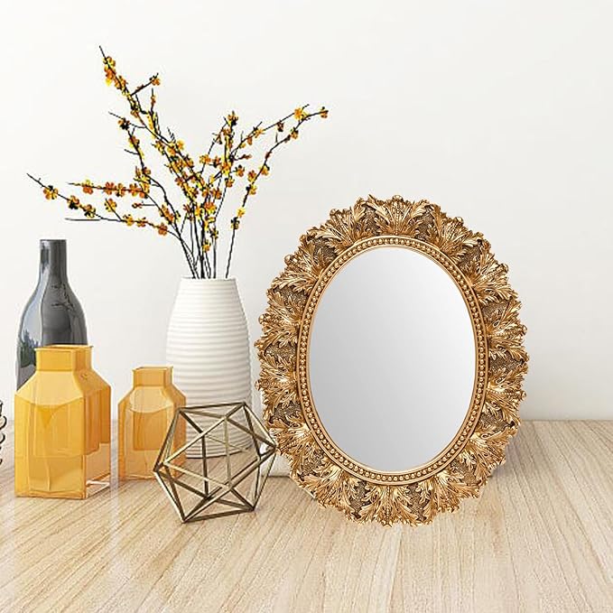 JANDERART Small Oval Vintage Mirror 12.5x10.5 Inch, Antique Ornate Decorative Mirror for Desk & Wall, Vanity Mirror for Makeup, Gold