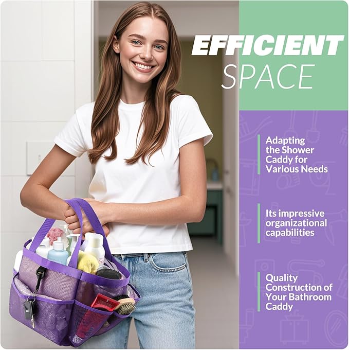 LOYEE Mesh Shower Caddy Portable for College Dorm Room Essentials with 8 Pockets, Shower Bag for Beach, Swimming, Gym, Travel, Bathroom(All purple)